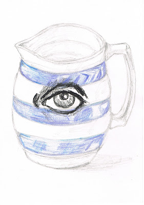 Drawing of a blue and white jug, with an eye drawn in charcoal on its side