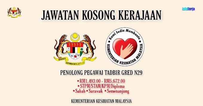  Jawatan Kosong KEMENTERIAN KESIHATAN MALAYSIA / PENOLONG PEGAWAI TADBIR GRED N29