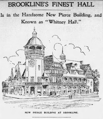 Boston Globe headline and sketch of S.S. Pierce Building and Whitney Hall