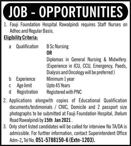 Fauji Foundation Hospital Jobs 2021