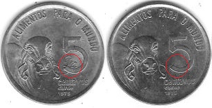 Diferença entre as moedas de 5 centavos de 1975.