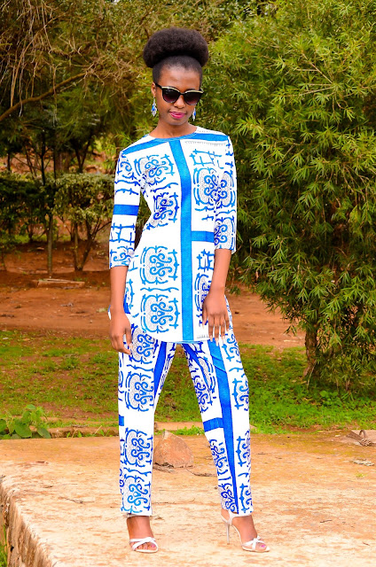 Wearing A Blue And White Porcelain Print Two Piece Set