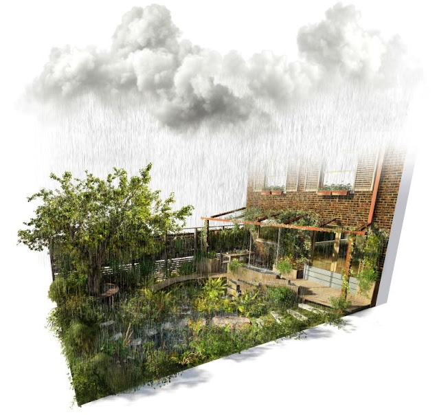 The Flood Resilient Garden in rain - image courtesy of FloodRe