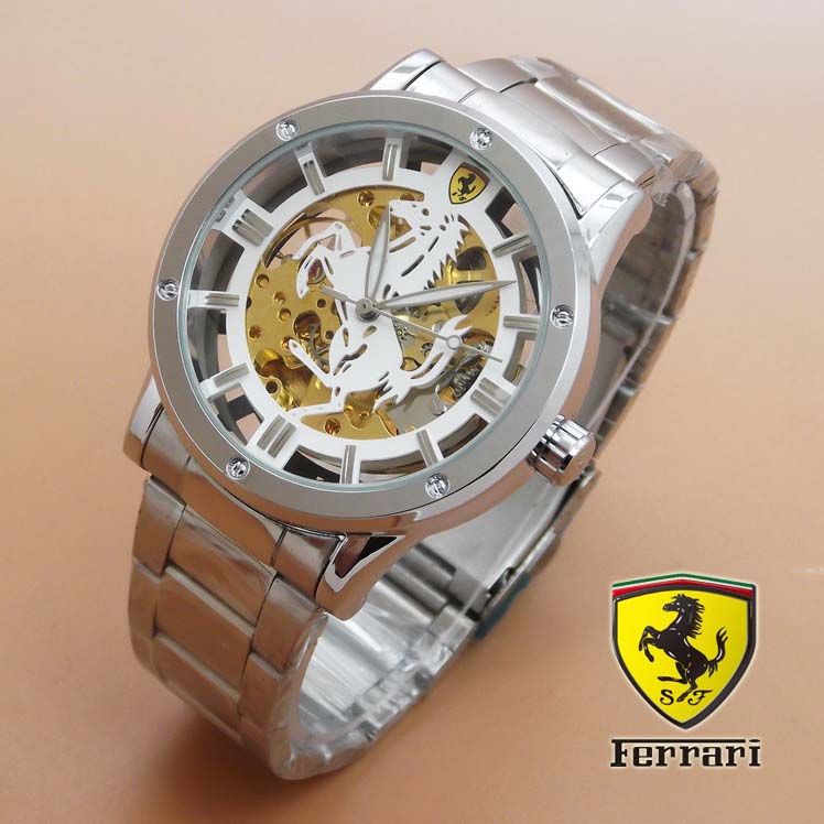 Jam Tangan Otomatis Ferrari Skeleton (White Dial Silver)