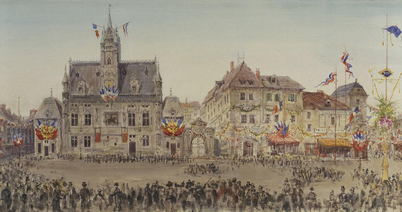 Rolled Panorama: The Visit of Emperar Nicholas II to France in September 1901. Detail: The Emperor's Cortege in Town Square at Compiegne by Pavel Yakovlevich Pyasetsky - History Drawings from Hermitage Museum