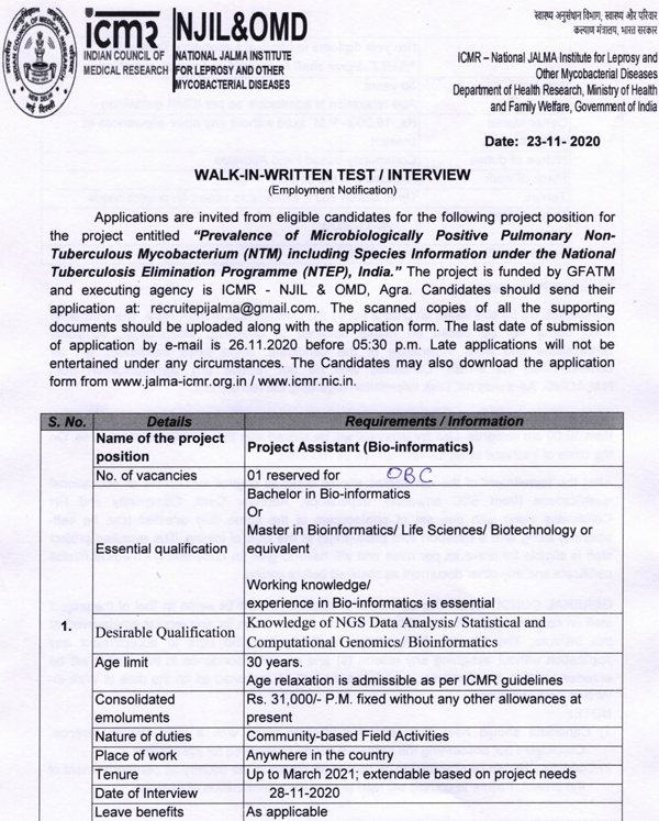 NJIL & OMD Bioinformatics Project Vacancy 2020 November