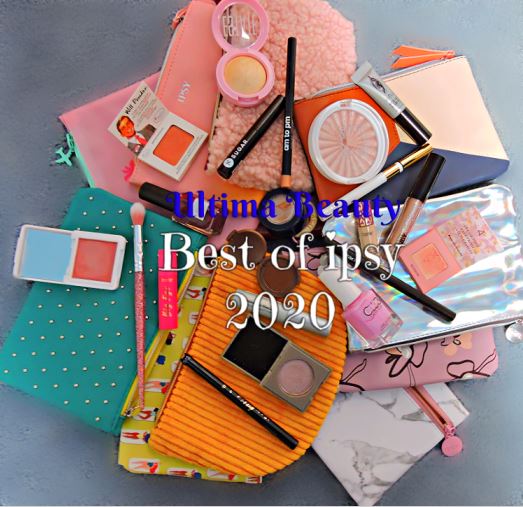 Multiple makeup bags and makeup products spread out. Text Reads: "Ultima Beauty Best of ipsy 2020"