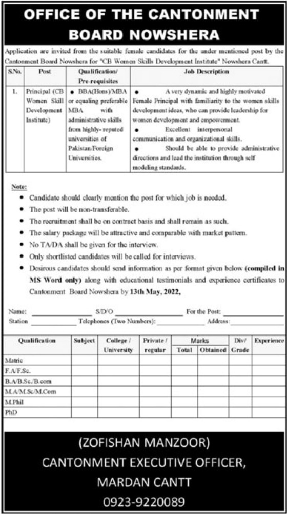 Latest Cantonment Board Admin Clerical Posts Nowshera 2022
