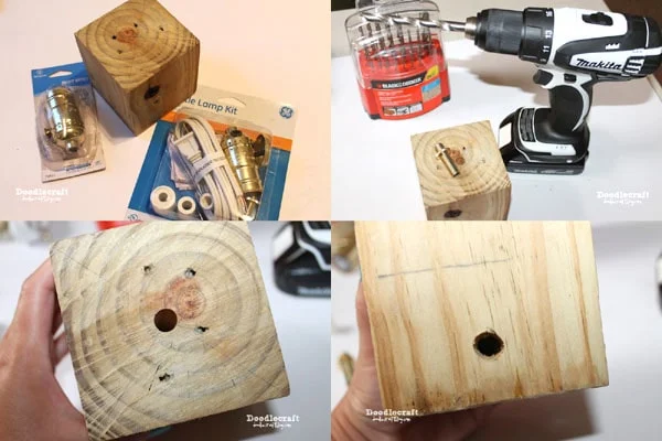 Step 1: Drill the Hole Begin by drilling a hole in the center of the top of the wood, but not all the way through the bottom. Then drill in from the backside until it meets up with the center hole. I didn't measure or anything...it just worked!   This is essentially making an "L" shaped hole through the block of wood.