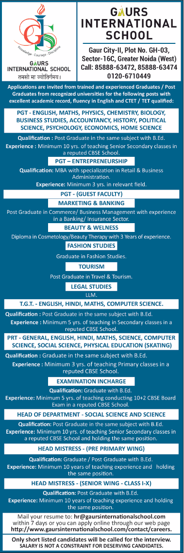 Application are invited from trained and experience Post Graduate (LLM) at Gaurs International School, Greater Noida - last date 09/01/2019