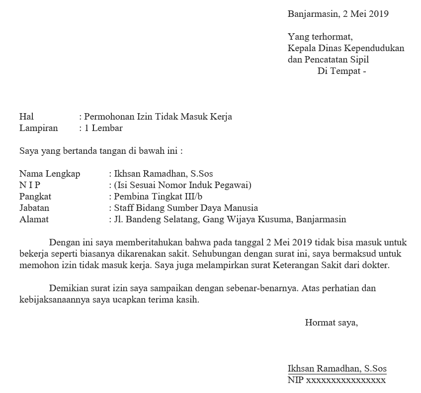 Contoh Surat Izin Tidak Masuk Kerja Pns Pdf  Ini Surat