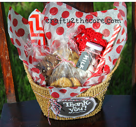 Gift Idea Basket with Cookies, milk jar, straws, napkin, candy, crochet coaster.