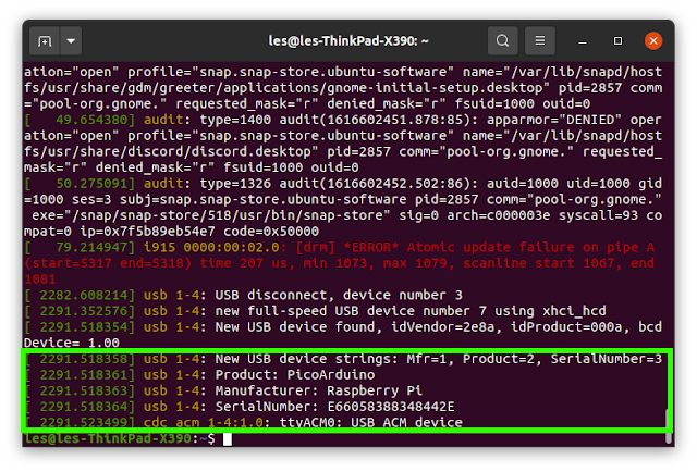 Run a command to locate the USB device which identifies as a Raspberry Pi Pico