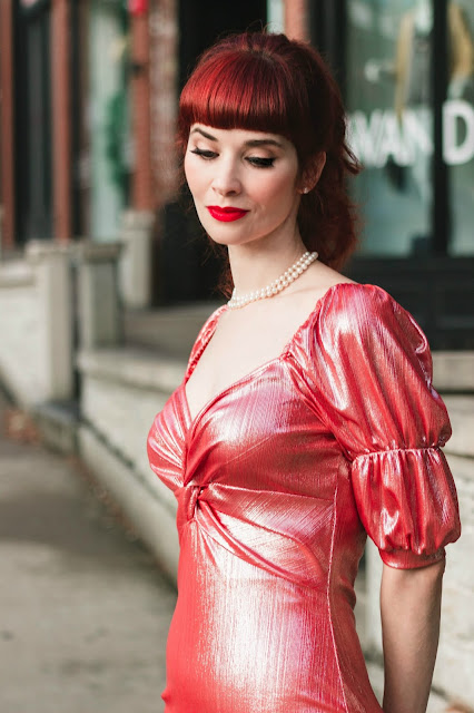 Coral Metallic Puff Sleeve Twist Front Mini Dress - Emily FemmeLuxeFinery.co.uk