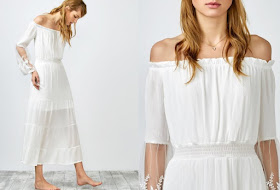  Off Shoulder Shirred Maxi Dress - White