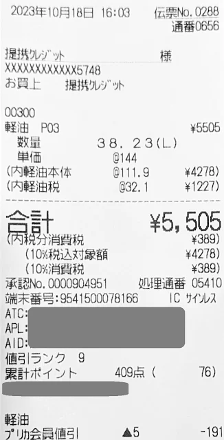 今回の給油料は38.23Lでした