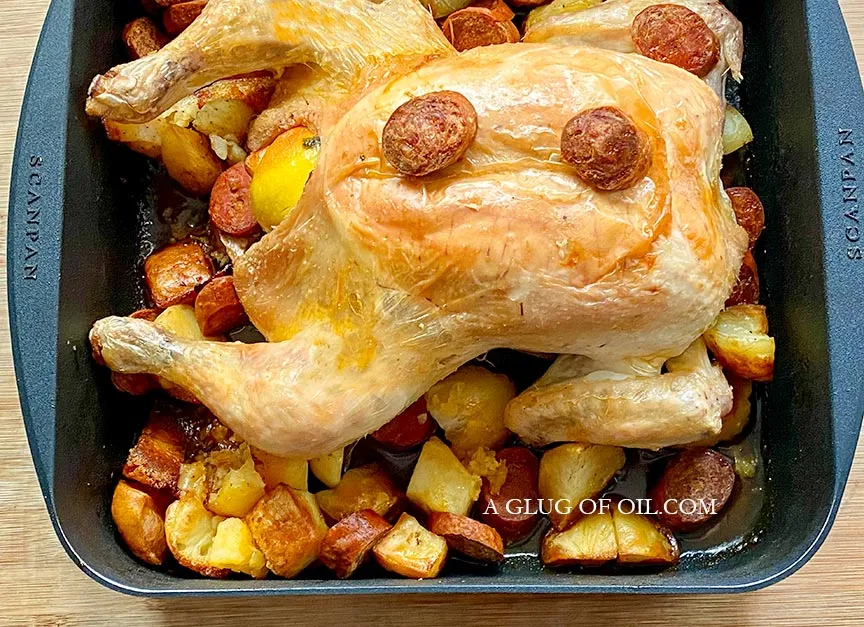 Spanish roast chicken with potatoes and chorizo