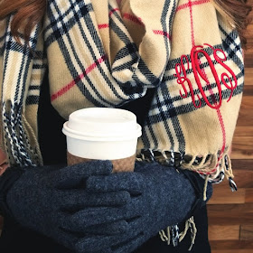 tan scarf and charcoal gloves