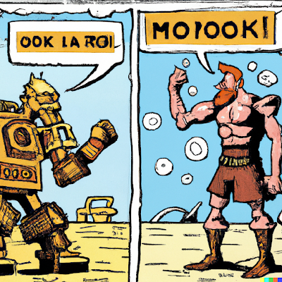 AI-generated comic book panel of a mighty barbarian arguing with a robot