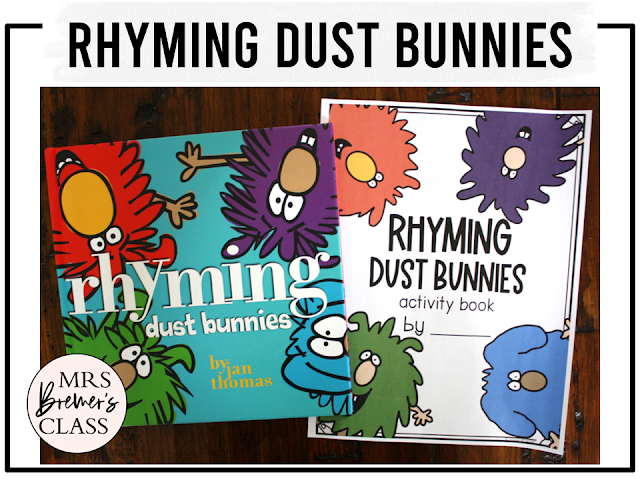 Rhyming Dust Bunnies book activities unit with literacy printables, reading companion worksheets, lesson ideas, and a craft for Kindergarten and First Grade