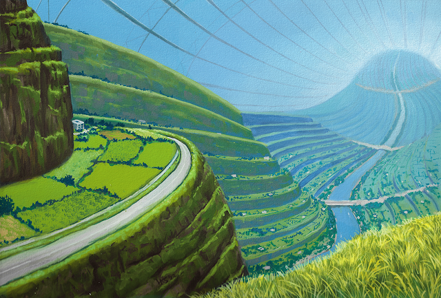 Lucy’s beautiful, verdant landscape captures the terraced hills with their little farms on either side, the meanders of the Sirius River through the center, and the torus’s perverse upward curve in the distance.
