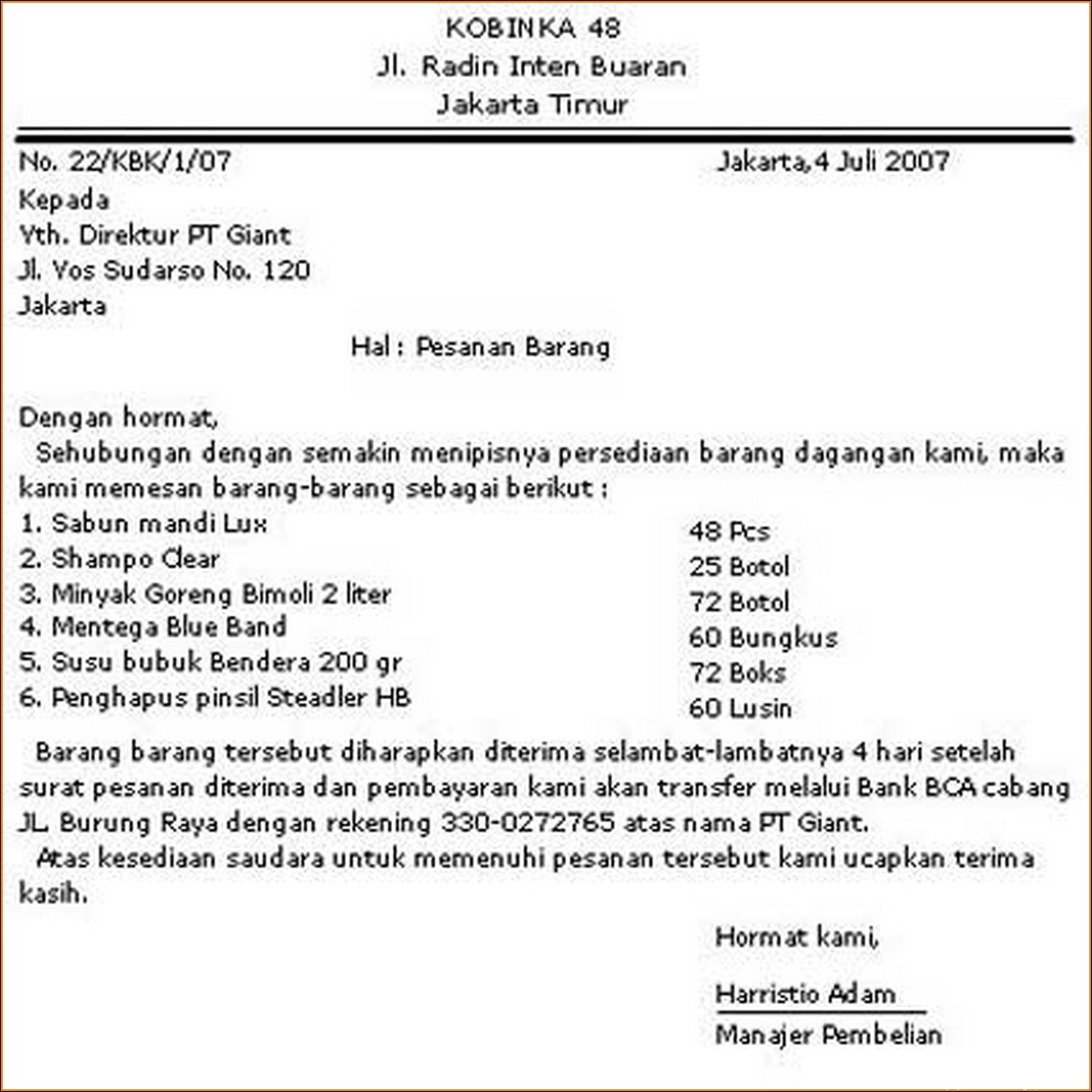 Contoh Surat Bagi Barang