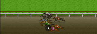 Horse racing on grey coloured race track with many horses showing here with riders plus green background field behind the course with silver bar before the grass