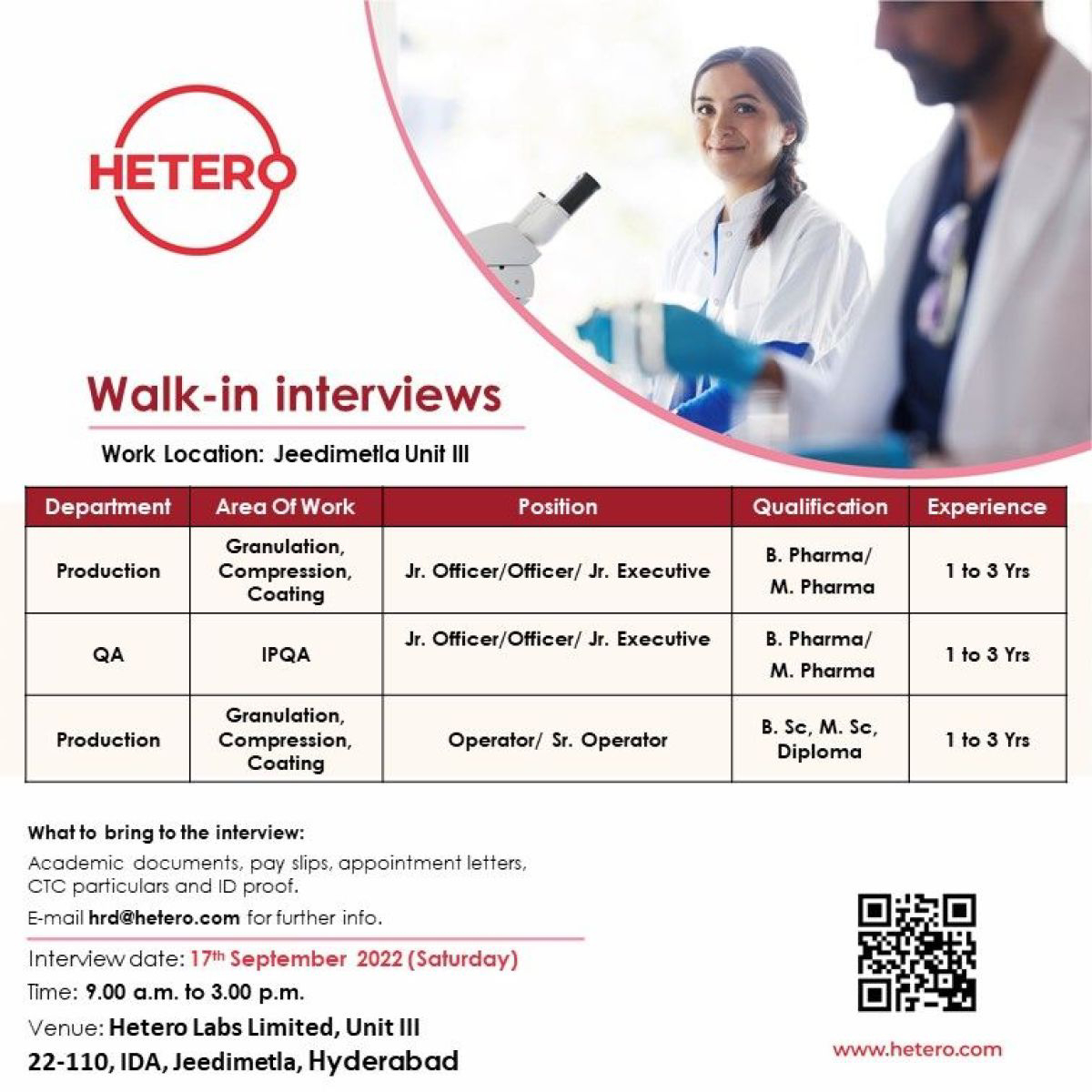 Job Available's for Hetero Labs Ltd Walk-In Interview for Production/ QA Department