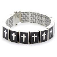 Silver Reversible Bracelet with Black Enamel Cross or Basket Weave Pattern