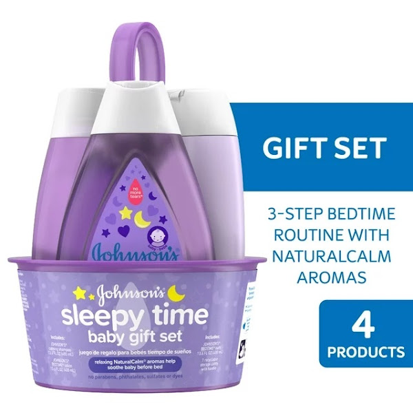 Image: Johnson's Sleepy Time Relaxing Baby Gift Set, featuring full-size items including Baby Shampoo, Wash, and Lotion