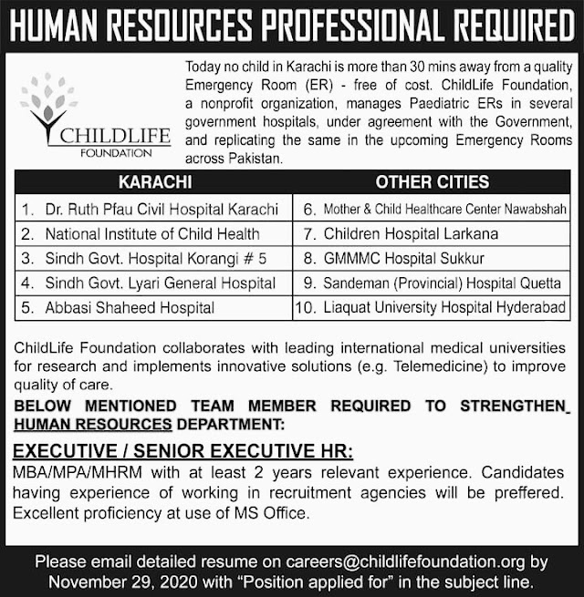 Job announced in child life foundation for the post of humain resources profassion latest by 2020 nov ngo job managment