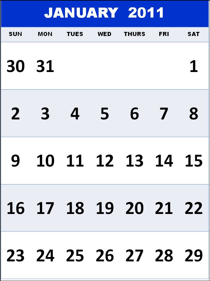 2011 calendar template printable. Template Printable January