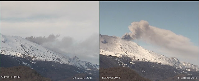 Evolution du panache de cendres du volcan Copahue, 03-11 octore 2015