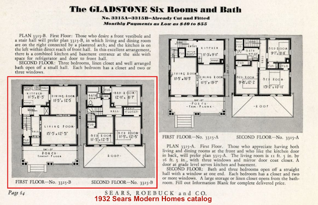 black and white catalog image of the two floorplans for the Sears Gladstone, 1932 catalog