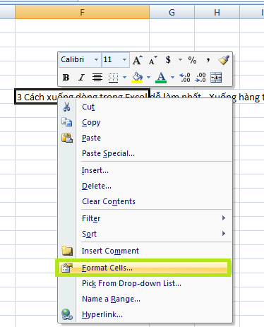 Cách 3: Xuống dòng trong Excel bằng Format Cell a