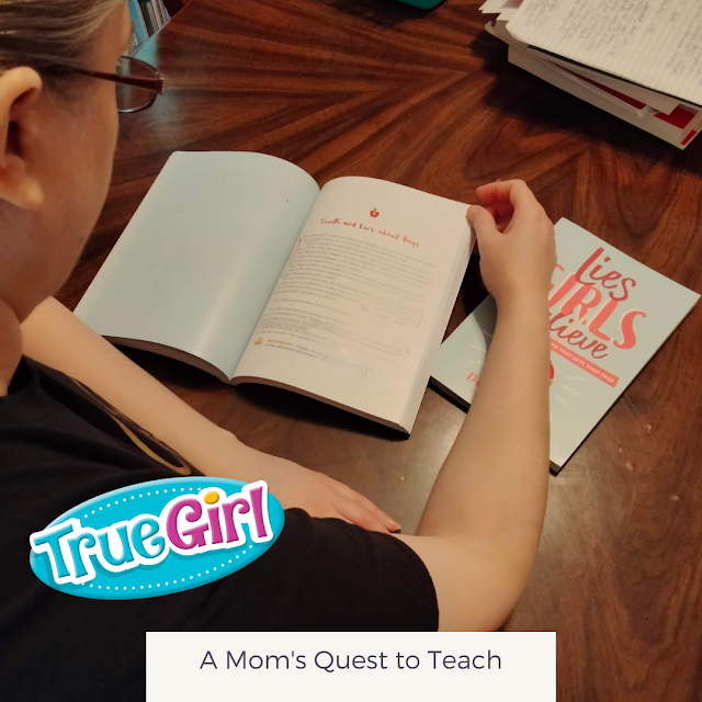 A Mom's Quest to Teach: Book Club: Book Review of Lies Girls Believe; photograph of mother reading Guide and True Girl logo