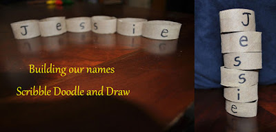 Learn to write your name activity by building your name with toilet roll tubes