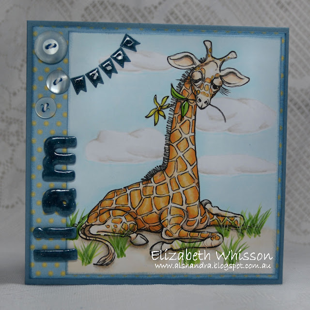 Elizabeth Whisson, Alshandra, Mo Manning, G-fa, Copics, Lawn Fawn, Stitched Journaling Card, Quinn's ABC, baby card, giraffe