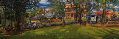 plein air oil painting of a panorama of Thompson's Square, Windsor, with a 'wool-bombing protest' painted by artist Jane Bennett