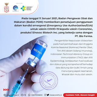 EUA ( emergency use Authorization ), persetujuan pemakaian dalam kondisi darurat Coronovac ( produksi sinovac biotech ) oleh BPOM RI untuk vaksinasi covid 19 di Indonesia, needle free injector, suntik vaksin covid 19