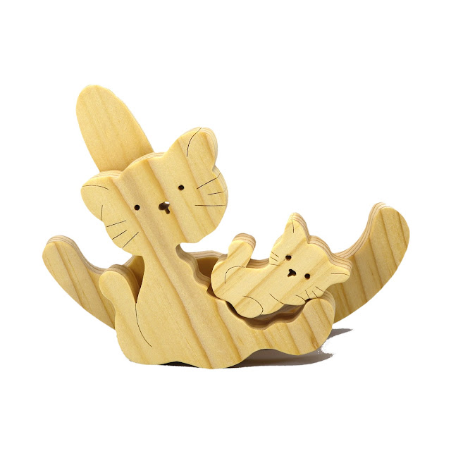 Handmade Wood Puzzle Cat Kitten Rocker Cute Simple Three-Part Puzzle Wooden Animal Toy