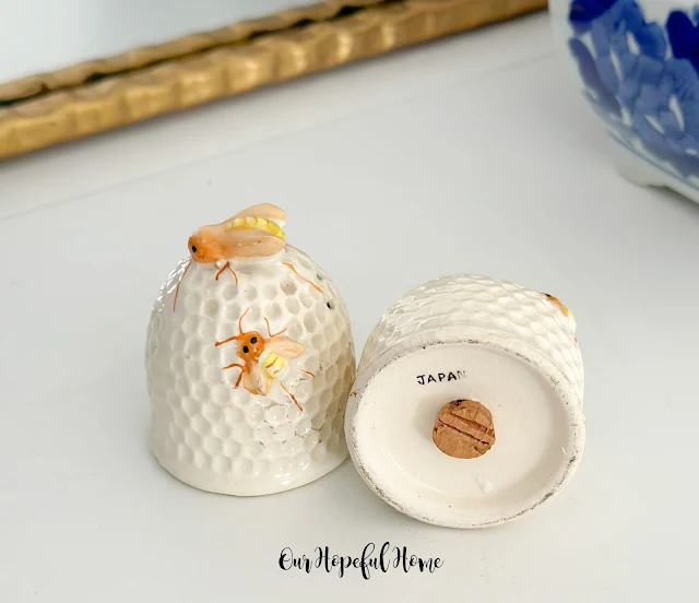 vintage bee hive salt and pepper shakers with cork stoppers