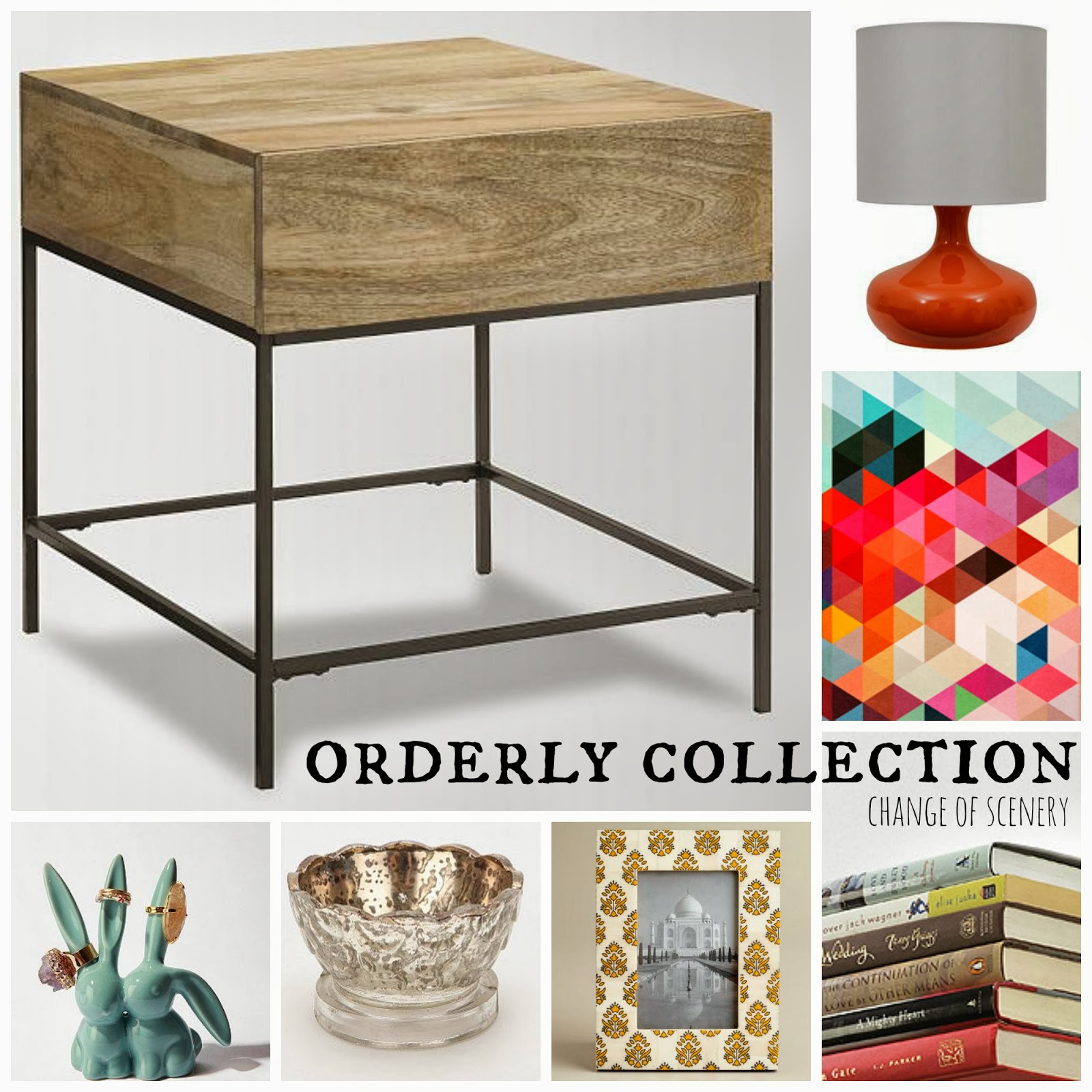 clockwise top left: west elm / target / society6 / stack of books / title=