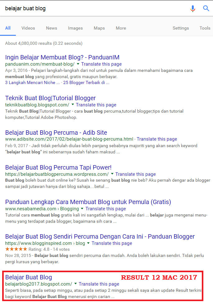 Result SEO \u0026quot;Belajar Buat Blog\u0026quot; 12 Mac 2017  Belajar Buat Blog