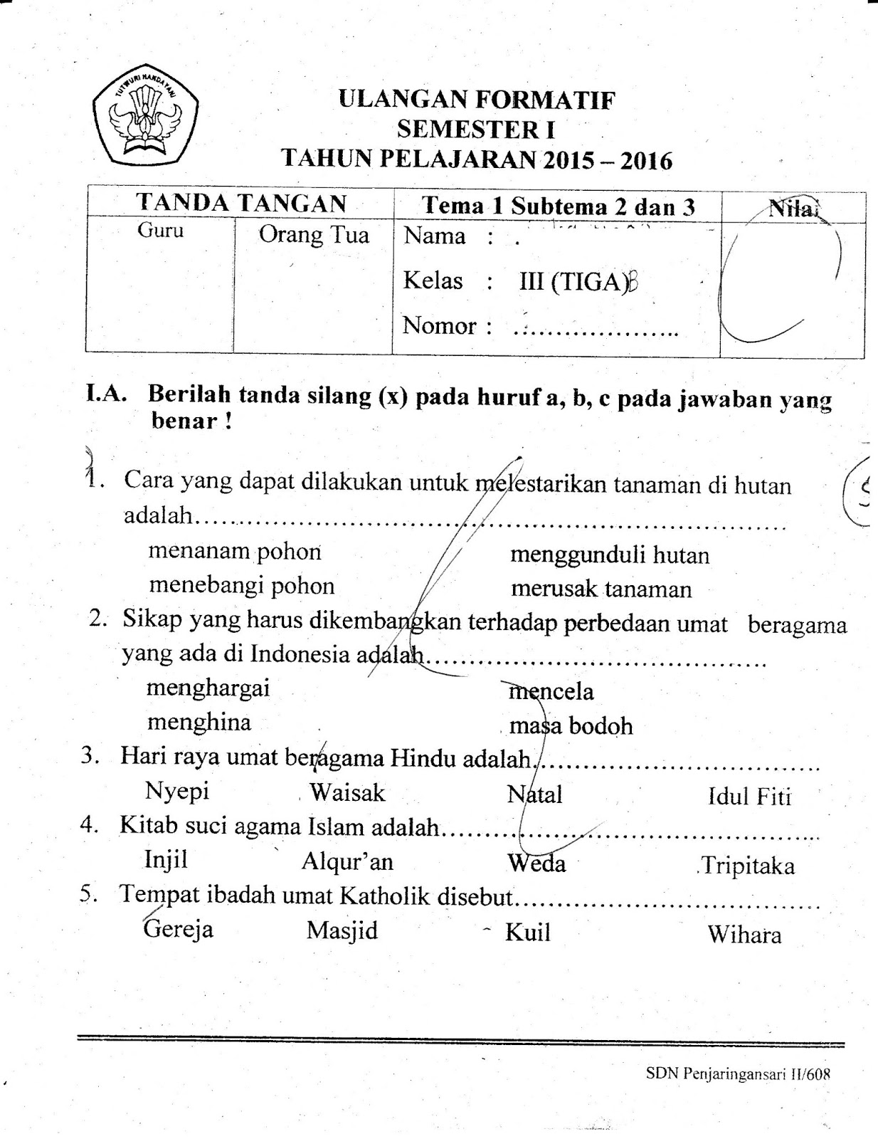 formatif1 Tema1 Sub Tema 2 dan 3 SD Kelas 3 Semester Ganjil TA 2015 2016 Kurikulum 2013