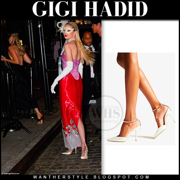 Gigi Hadid in pink and red gown and white satin pumps in NYC on June 18 ~ I  want her style - What celebrities wore and where to buy it. Celebrity Style