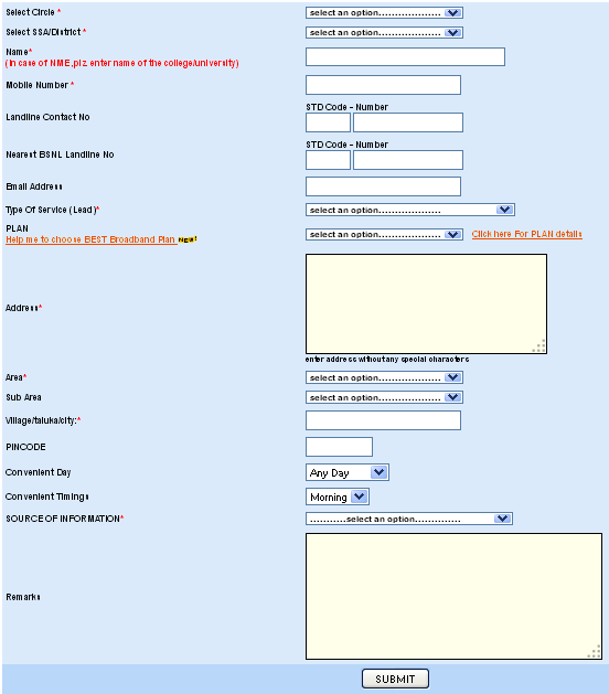 BSNL New Connection Online Form - Udaan