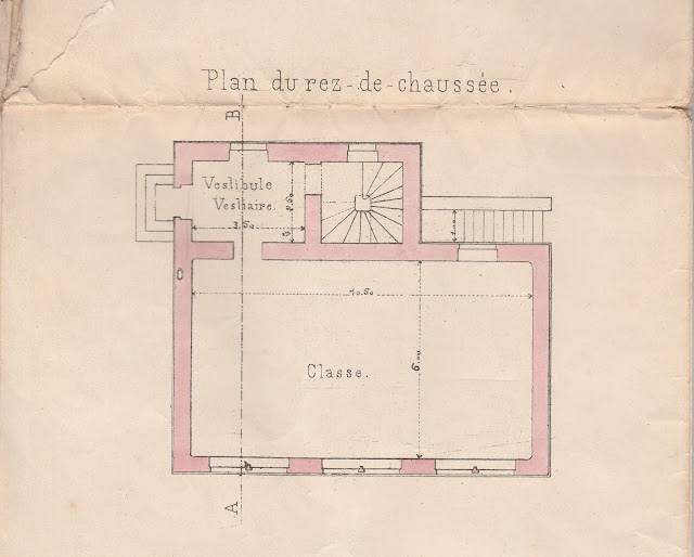 Projet d’une école de hameau à la Beluze, plan du rez-de-chaussée, dessin de M. G. Rotival, architecte, 1887 (collection musée)