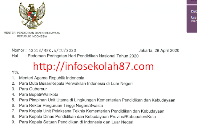 Surat Edaran Peringatan Hari Pendidikan Nasional Tahun 2020