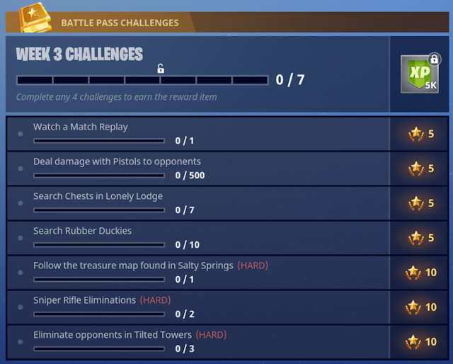 Fortnite Season 4 Week 3 Challenge list showing all the seven challenges